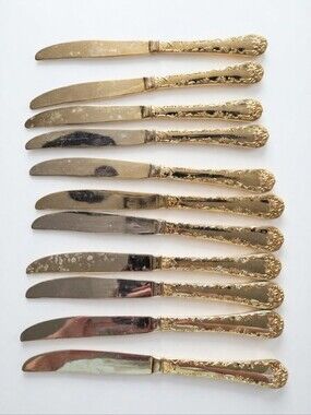 Vintage WM Rogers & Son Enchanted Rose Gold Plated Dinner Knives Set 11 Floral